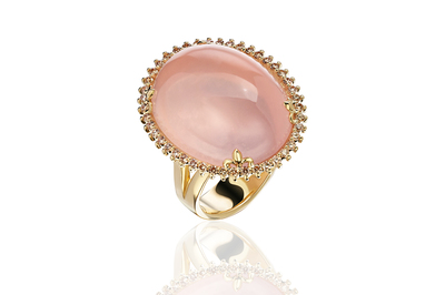 Кольцо из жёлтого золота 585 пробы с розовым кварцем  и коньячными бриллиантами арт. 0102.0266RQ