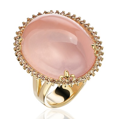 Кольцо из жёлтого золота 585 пробы с розовым кварцем  и коньячными бриллиантами арт. 0102.0266RQ